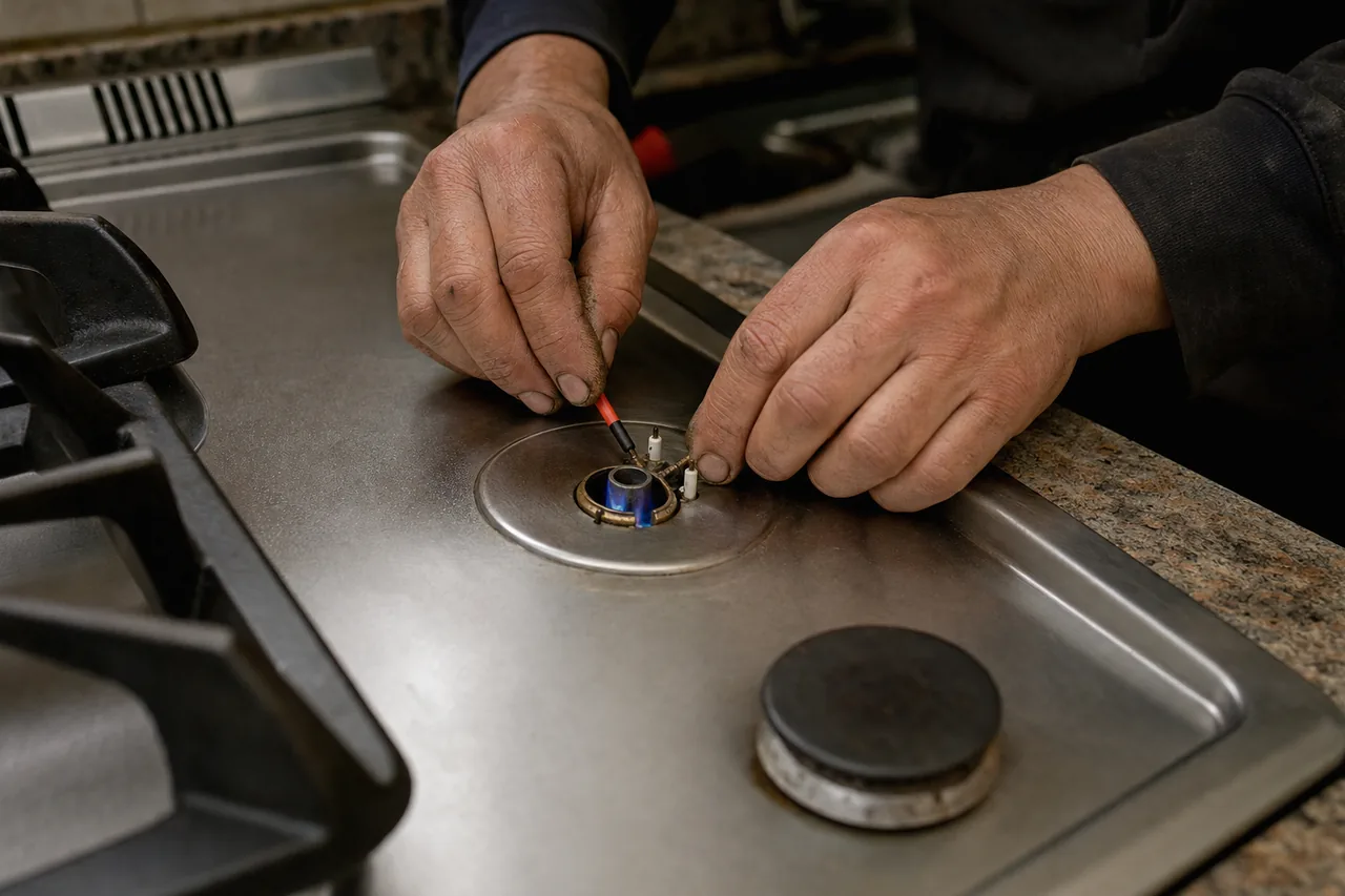 Two hands adjusting a lit burner on a stainless cooktop with a small screwdriver, the flame low and blue at the port