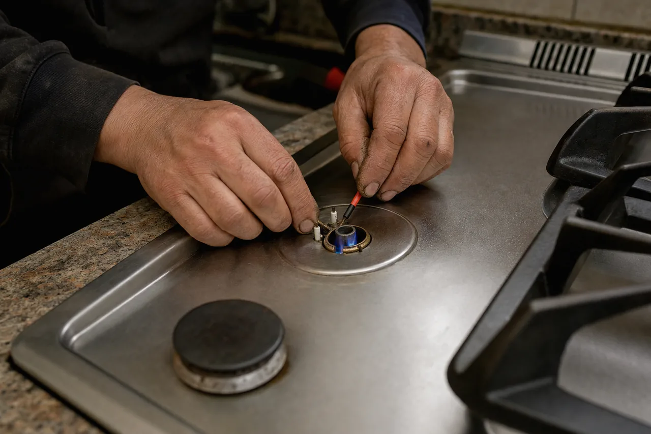The same burner adjustment mirrored - electrode, cap seat and the flame ring at the centre of a stainless cooktop