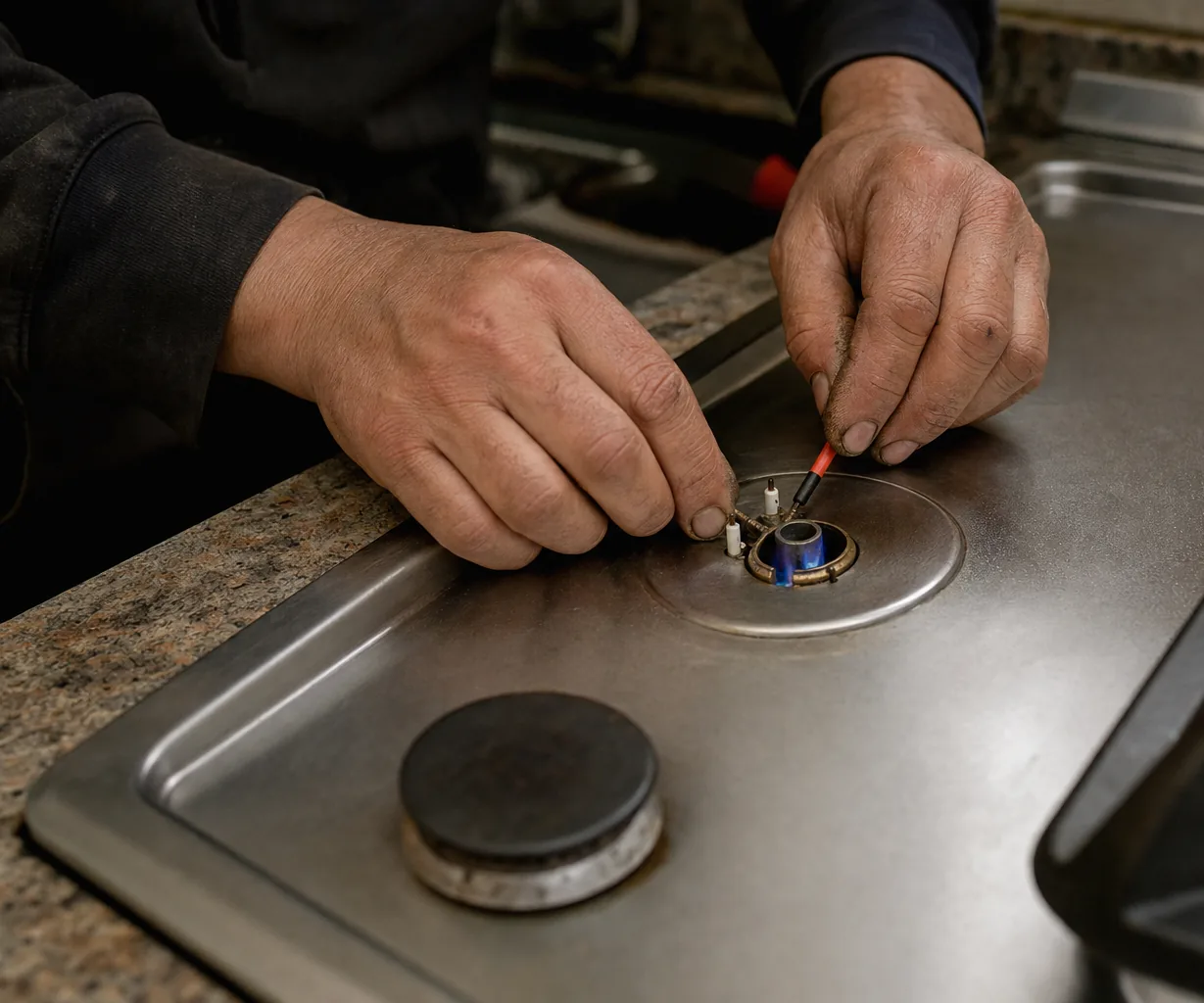 A stainless cooktop set into a granite counter, one burner lit, a burner cap resting on the surface beside it