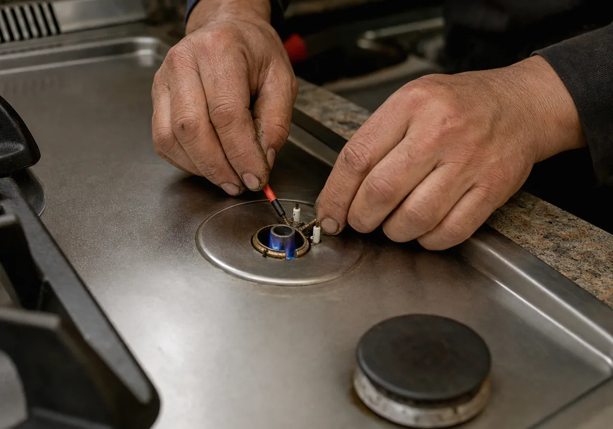 Hands working at a lit burner on a stainless cooktop, screwdriver in one hand, the other steadying the cap