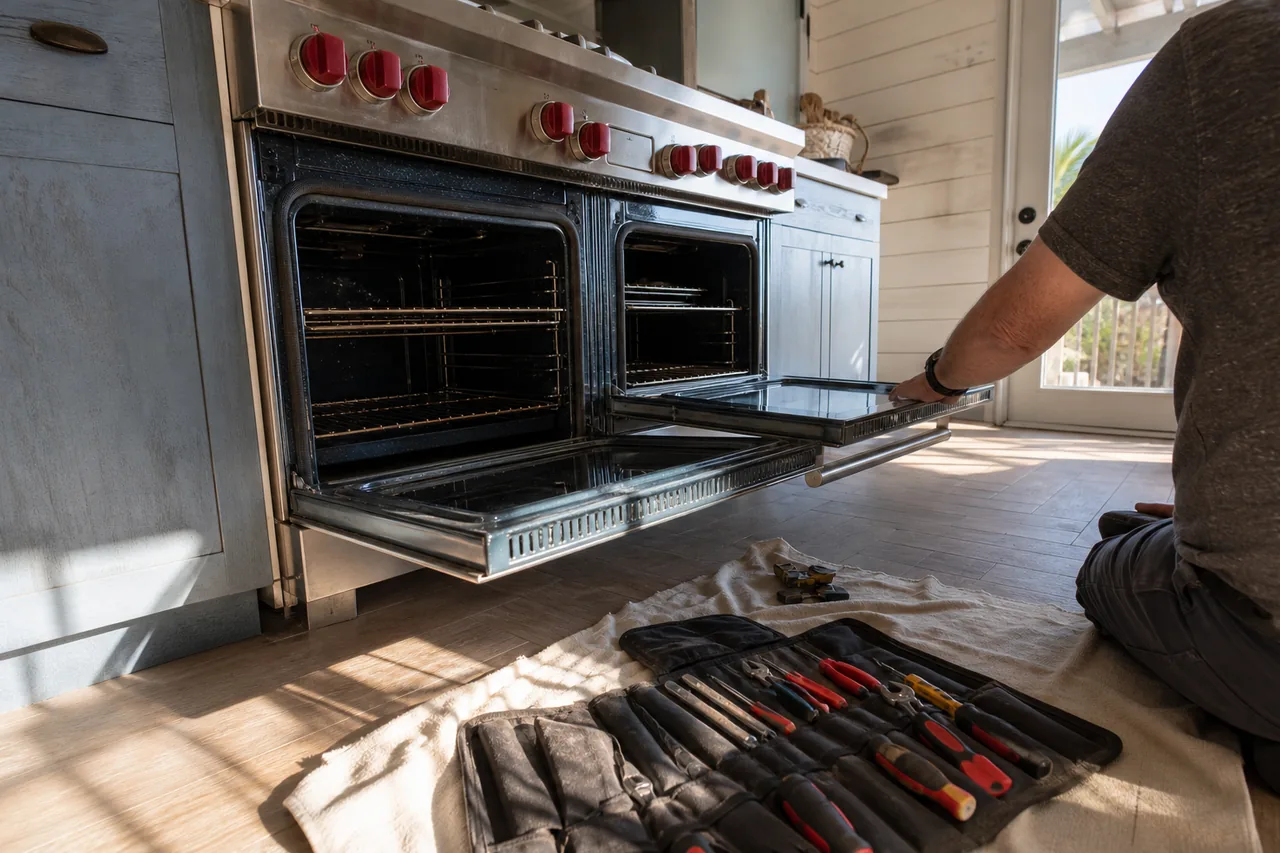A wide stainless range with red knobs and both oven doors folded down, a man kneeling at its side and a tool roll spread over a white towel on a sunlit plank floor