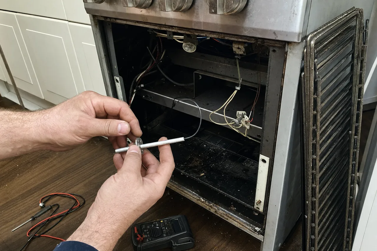 Hands holding a replacement oven igniter at the open lower cavity of a range, oven racks stacked at the right