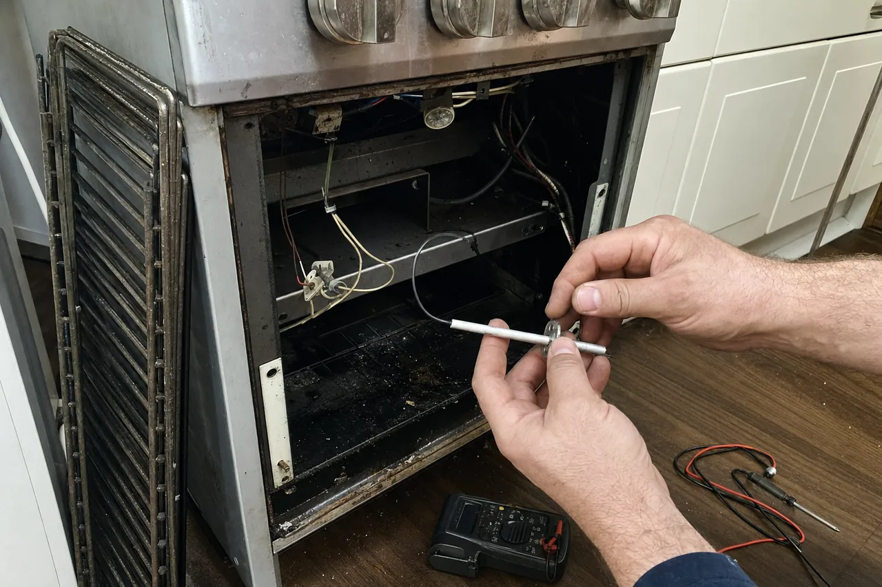The same igniter change mirrored - the open oven cavity, its wiring and the bake burner shelf