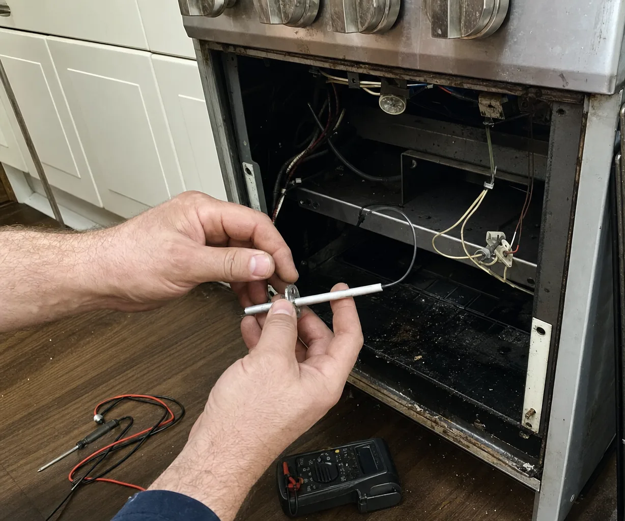 The open lower cavity of a range with its wiring, sensor lead and burner shelf exposed, a multimeter on the floor
