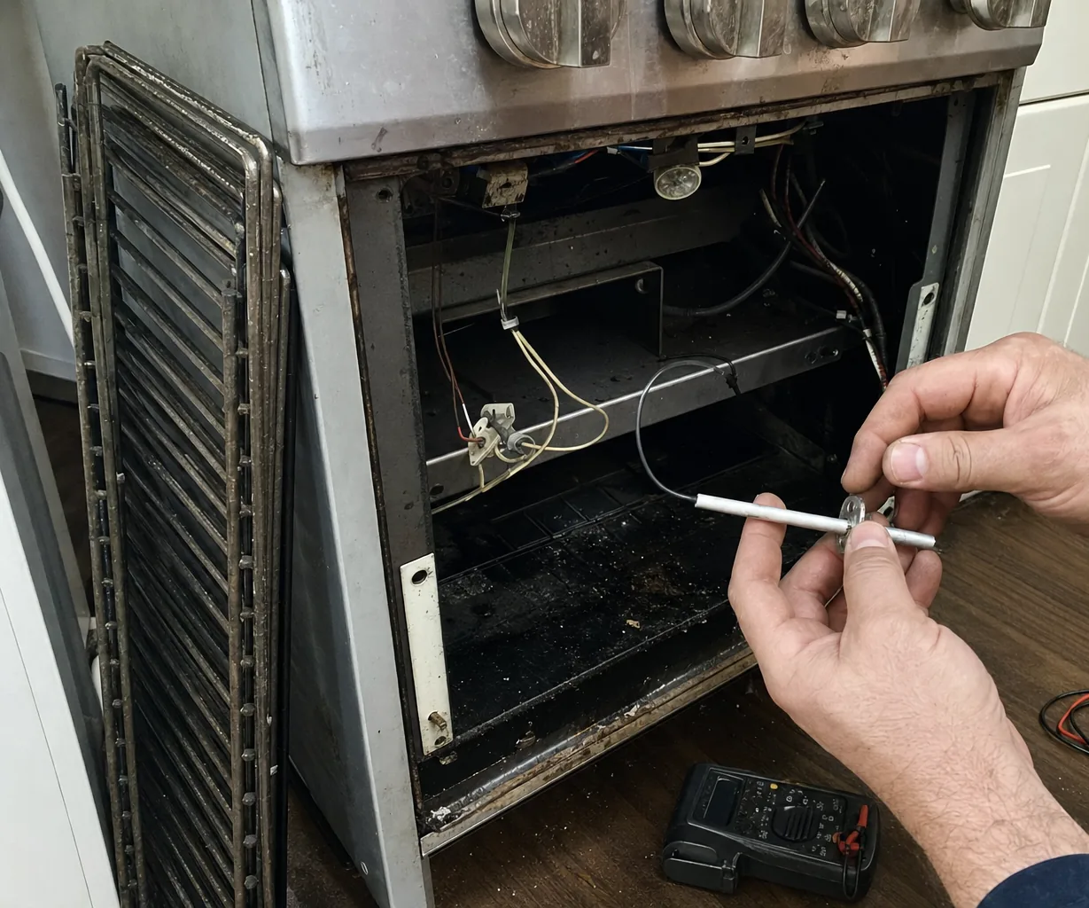 A dated range pulled forward in a white-cabinet kitchen, its lower panel off and the oven bottom exposed