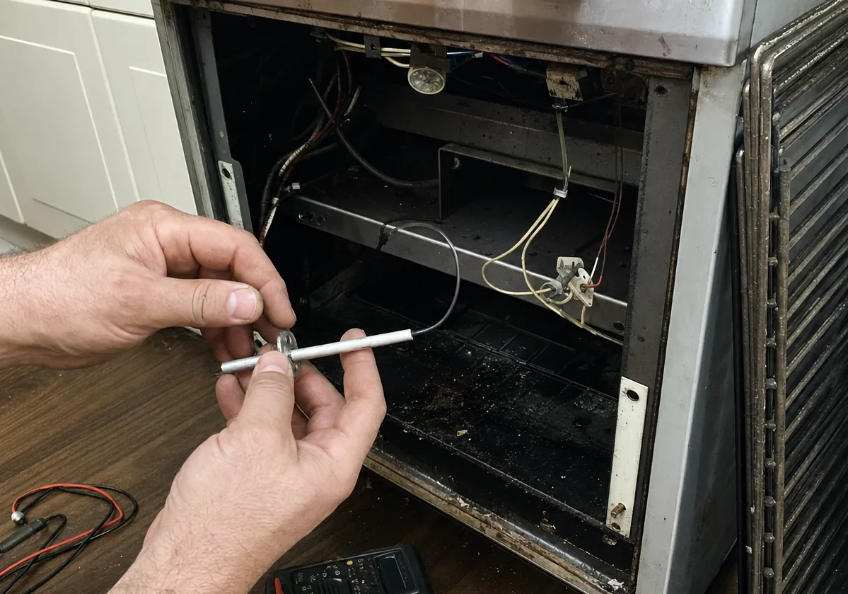 Wiring, a sensor lead and a ceramic igniter at the open base of a range, meter leads waiting on the floor