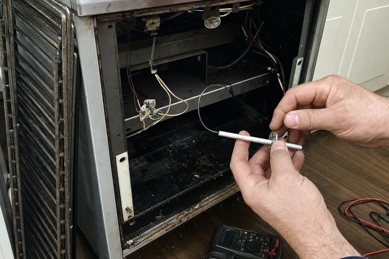 Hands holding a ceramic igniter beside an opened range, oven racks leaning against the cabinet and a meter on the floor
