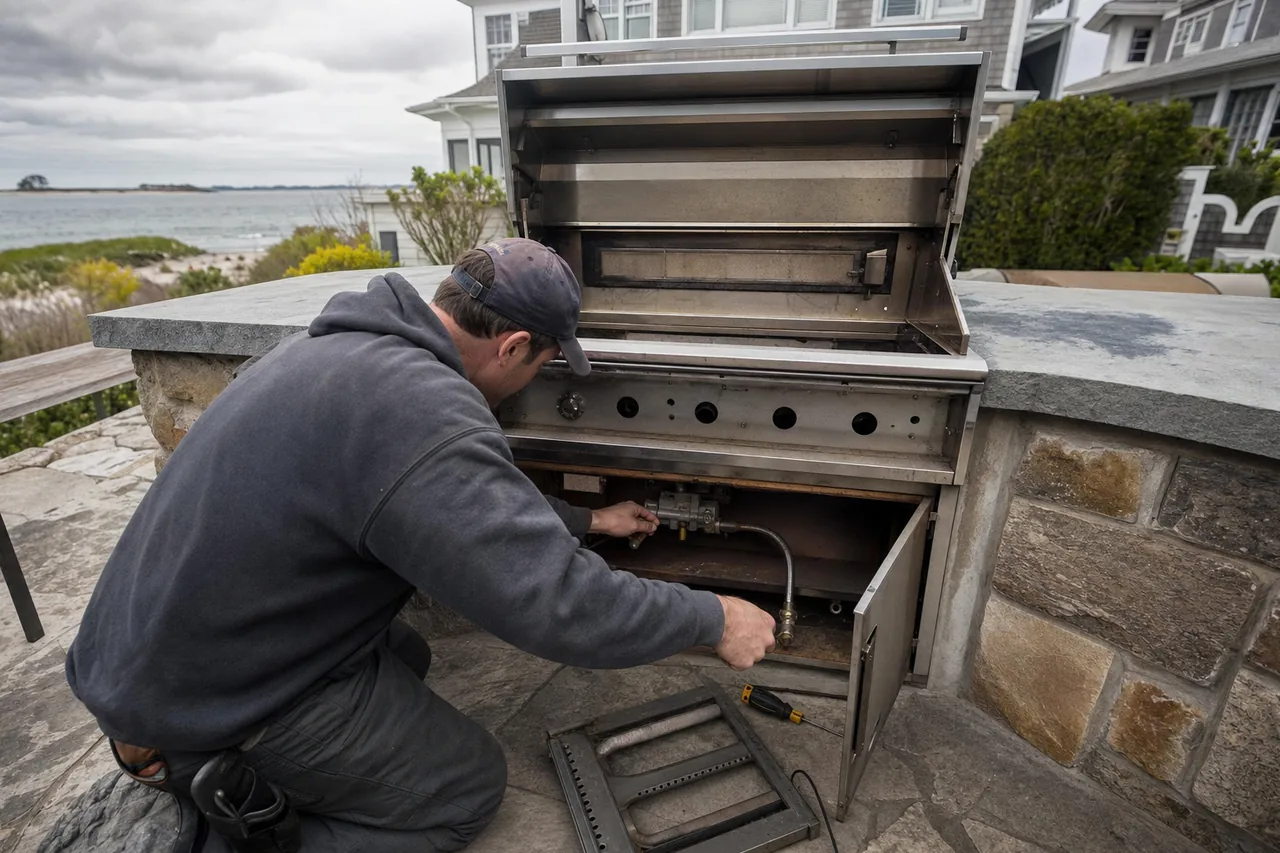 A technician kneeling at a built-in outdoor grill on a stone counter, hood open, working at the gas valve with the burner removed