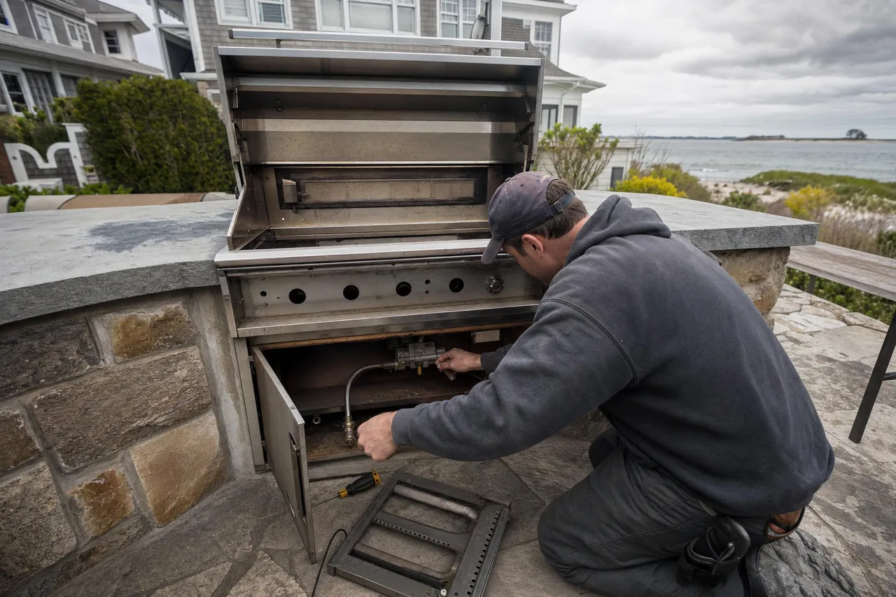 The same outdoor kitchen mirrored - the open grill hood, the removed burner on the paving and the water beyond