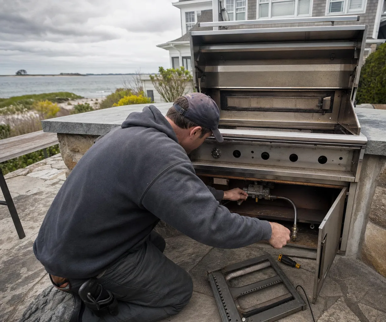 An open built-in grill on a stone counter with water and shoreline planting behind it