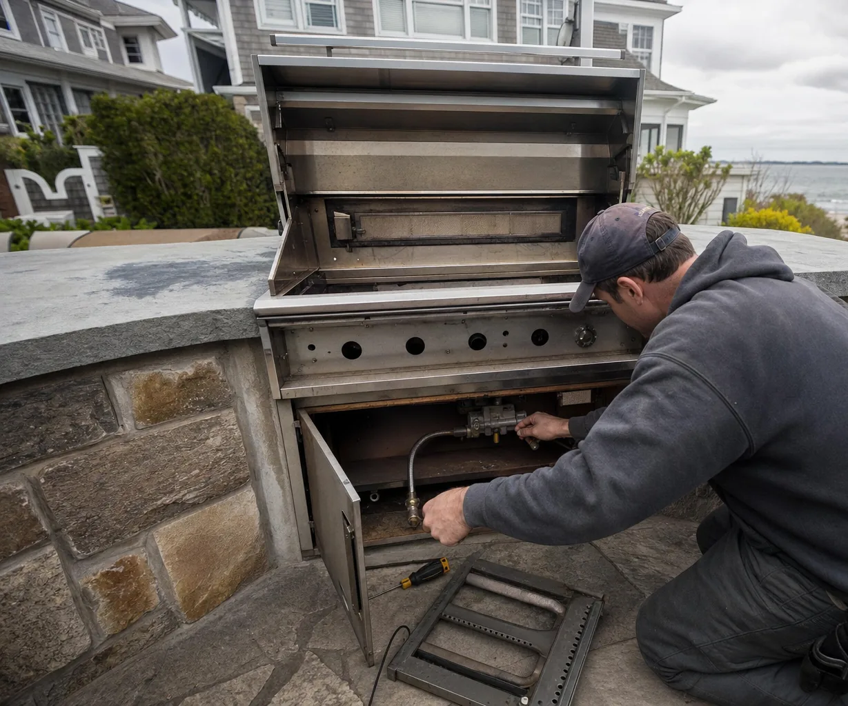 A built-in outdoor grill opened for service beside a shingled house, the removed burner tray on the paving