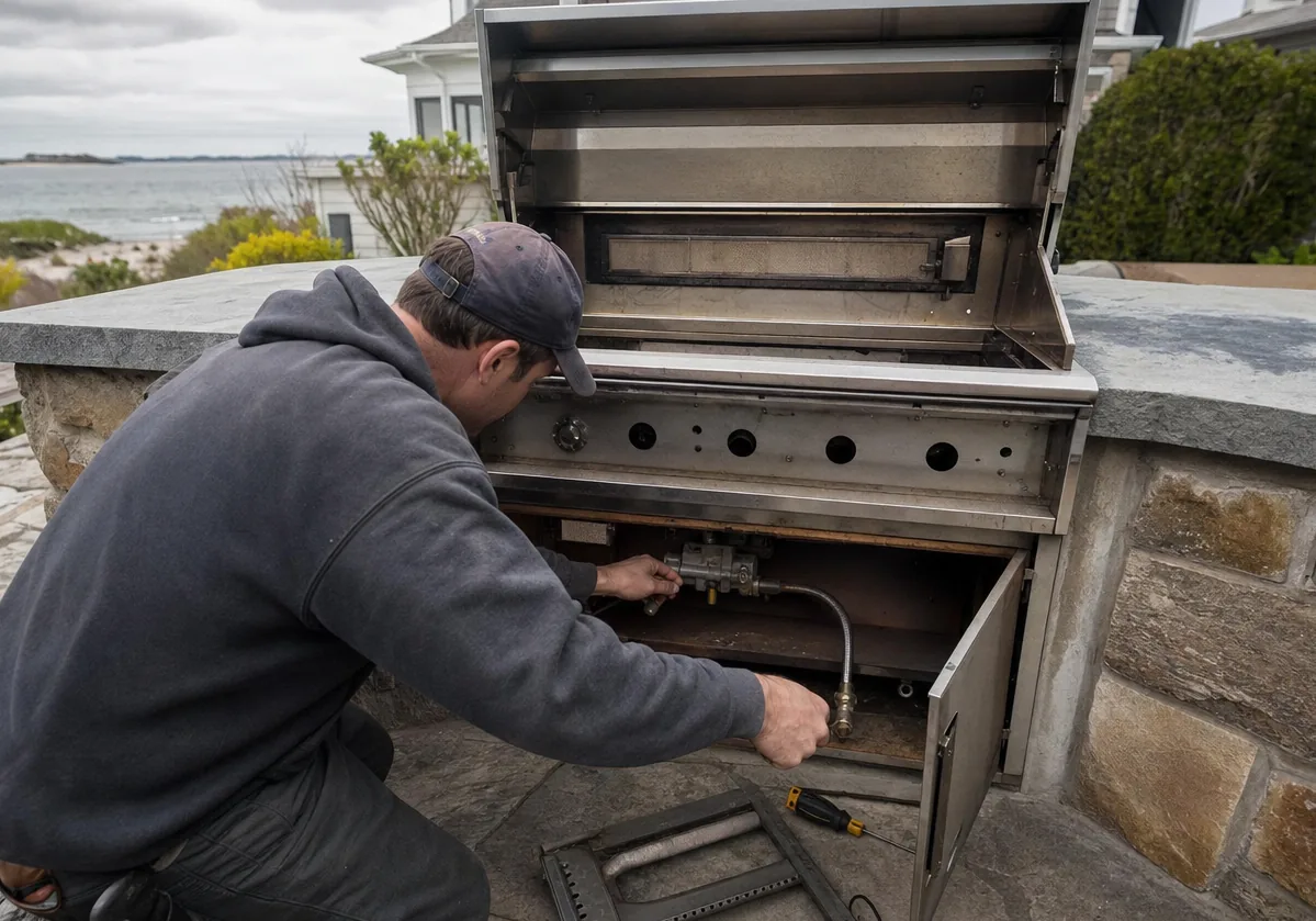 Close view of an outdoor grill cabinet with its door open, the gas connection and control valve in reach