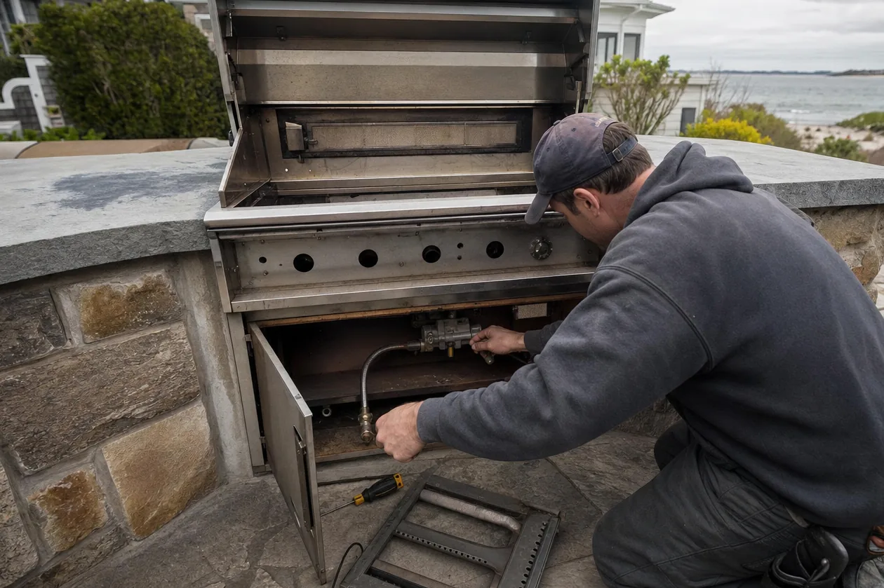 A grill hood raised over an empty firebox, its burner and grate lifted out and set on the stone paving