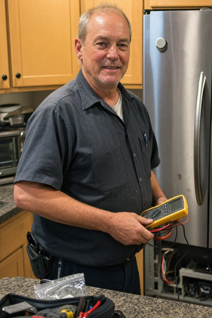 A technician in a grey work shirt standing in a kitchen holding a yellow multimeter, tool pouch on his belt