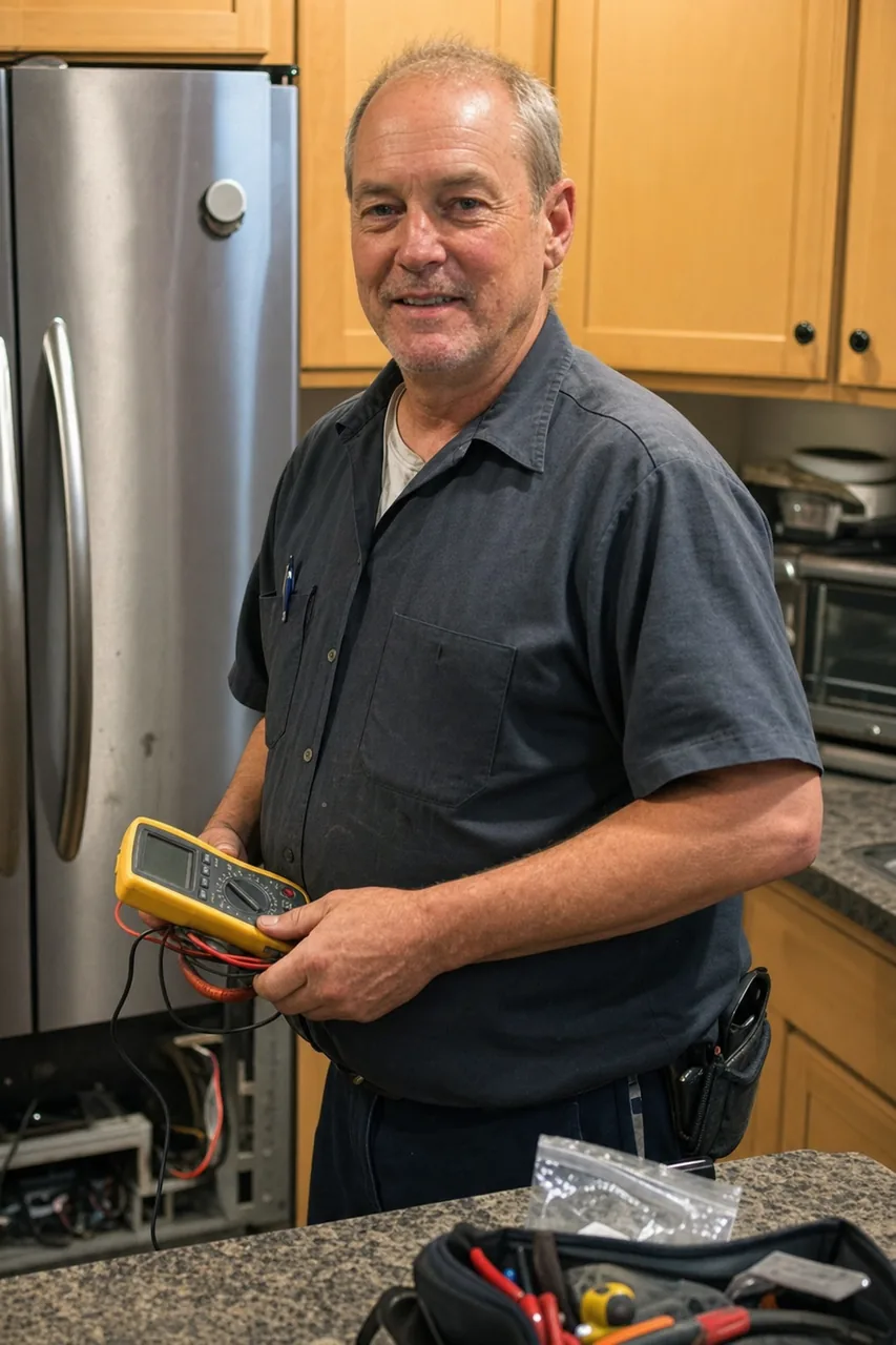 The same portrait mirrored - a technician with a multimeter in hand, maple cabinets and a stainless refrigerator behind