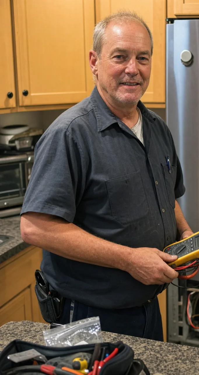 Upper half of a portrait: a technician in a work shirt in a kitchen, cabinets and a pen in his breast pocket