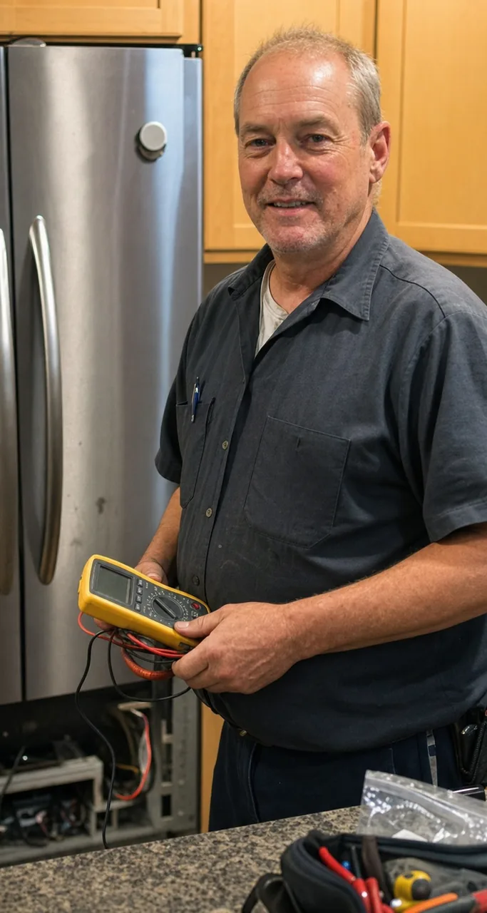 Lower half of a portrait: a multimeter held in both hands, a tool pouch on the belt and a tool bag on the counter