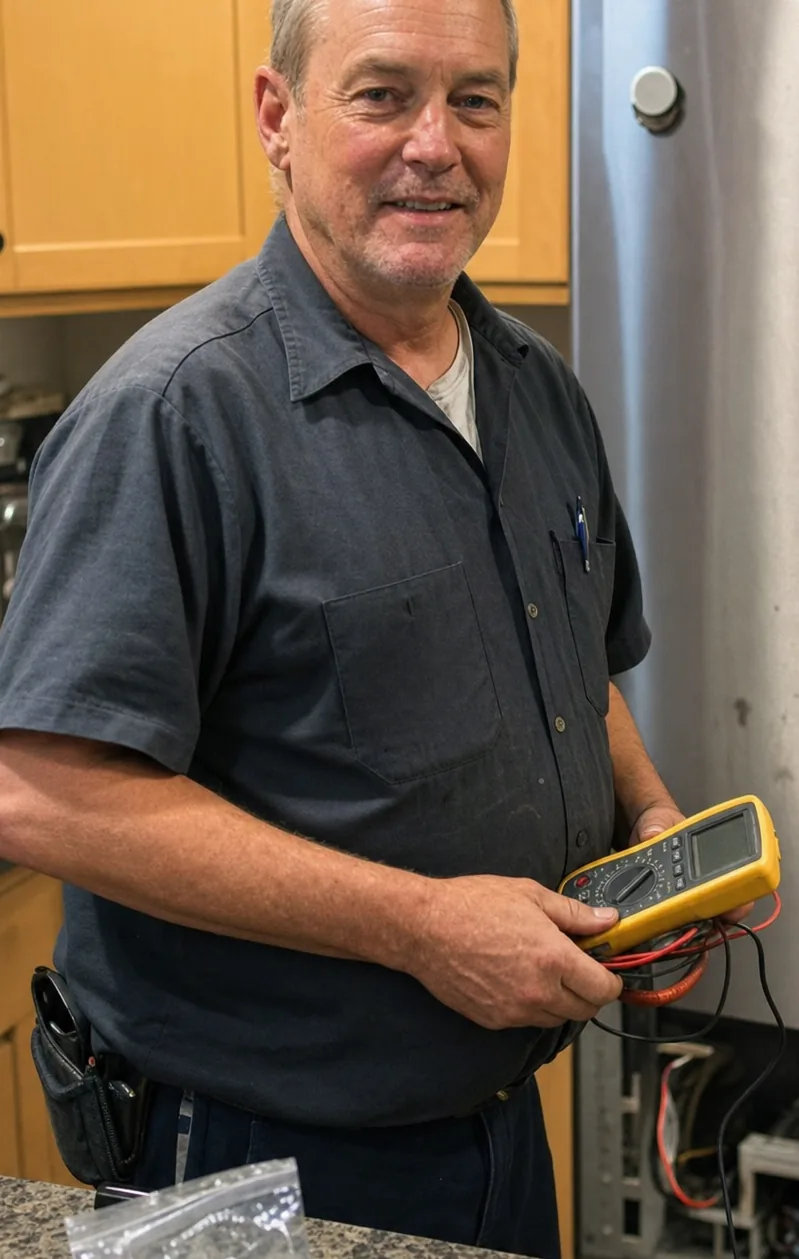 A technician holding a multimeter, seen close, with a bag of hand tools open on the counter in front of him
